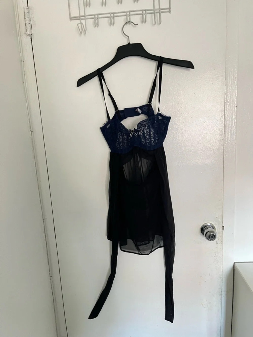 Adore Me Sheer Black Babydoll Chemise with Navy Lace Bust